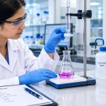 Pharmaceutical QC analyst performing an acid-base titration using a burette, conical flask and indicator