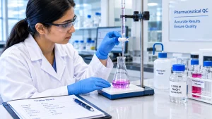 Pharmaceutical QC analyst performing an acid-base titration using a burette, conical flask and indicator