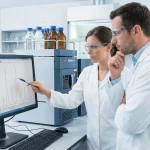 Pharmaceutical QC analyst evaluating impurity profiles and HPLC chromatograms to establish specifications.
