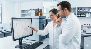 Pharmaceutical QC analyst evaluating impurity profiles and HPLC chromatograms to establish specifications.