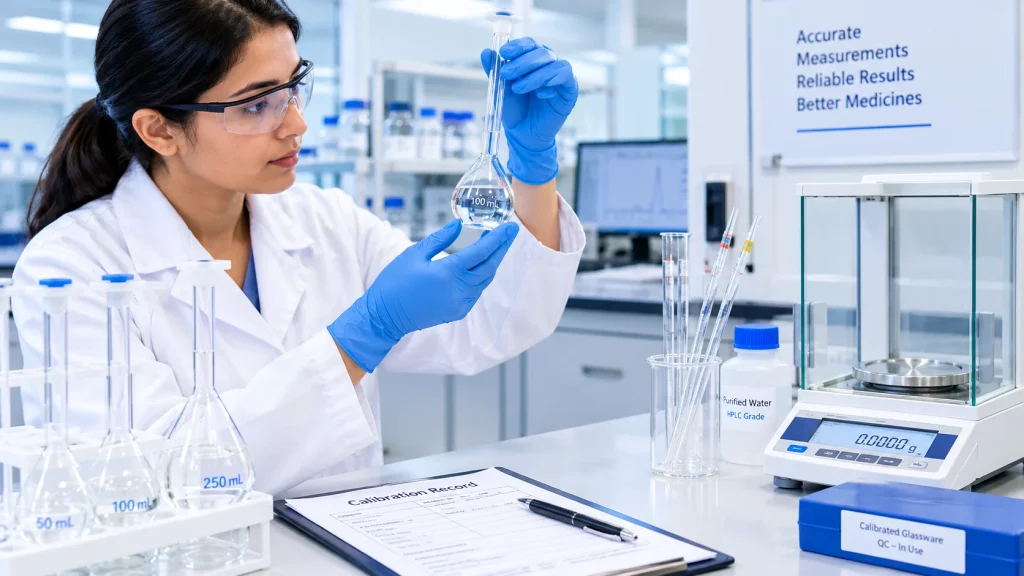 Pharmaceutical QC analyst checking volumetric glassware calibration using a balance, volumetric flask and pipette