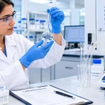 Pharmaceutical QC analyst checking volumetric glassware calibration using a balance, volumetric flask and pipette