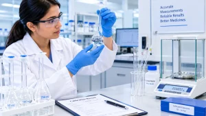 Pharmaceutical QC analyst checking volumetric glassware calibration using a balance, volumetric flask and pipette