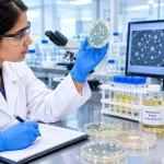 Pharmaceutical microbiology laboratory examining a liquid formulation for possible microbial spoilage and contamination