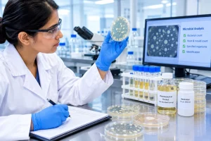 Pharmaceutical microbiology laboratory examining a liquid formulation for possible microbial spoilage and contamination